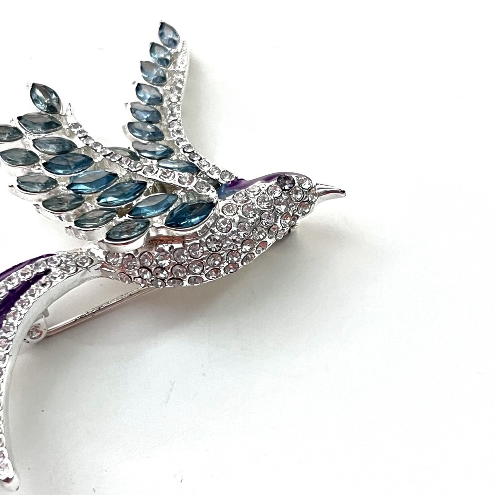 Vintage Swallow Bird Brooch Pin Silver Tone Teal Purple Enamel Pave Crystals - Picture 4 of 9
